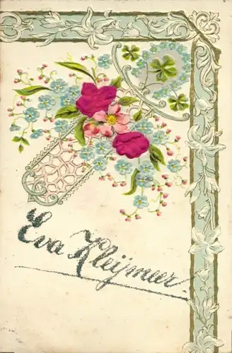 Glitzer Stoff Präge Litho Rosen, Vergissmeinnicht, Hufeisen, Kleeblätter, Kitsch, Eva Kleijmeer