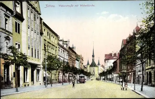 Ak Zittau in Sachsen, Weberstraße, Weberkirche, Straßenbahn