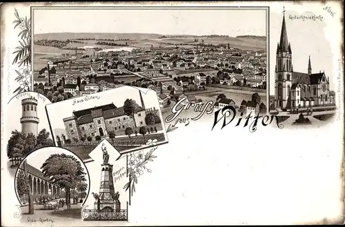 Litho Witten an der Ruhr, Gedächtniskirche, Kriegerdenkmal, Aussichtsturm, Totalansicht