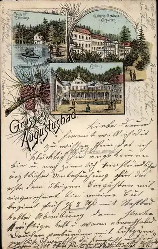 Litho Liegau Augustusbad Radeberg Sachsen, Teich, Eremitage, Kurhaus