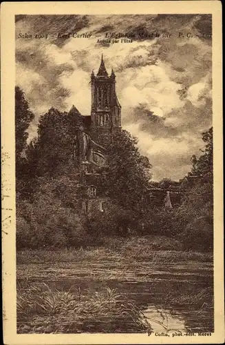 Ak Moret-sur-Loing Seine et Marne, Karl Cartier, L'Eglise Moret le soir