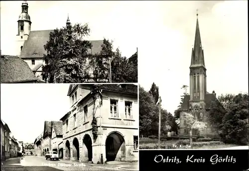 Ak Altstadt Ostritz in Sachsen, Kirchen, Strassenansicht