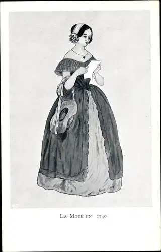 Litho La Mode en 1740, Französische Frau in edlem Kleid, Hut