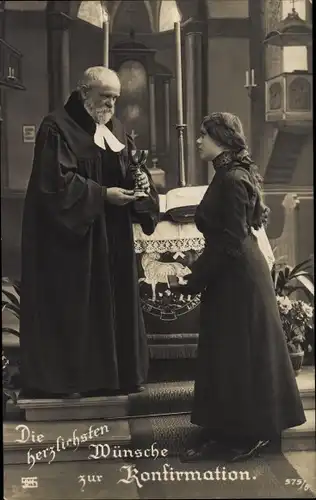 Ak Glückwunsch Konfirmation, Mädchen, Priester, Altar