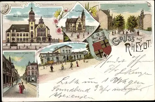 Litho Rheydt Mönchengladbach im Ruhrgebiet, Neue Post, Augustastraße, Rathaus, Bahnhof, Wappen