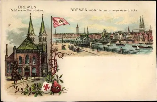 Wappen Litho Hansestadt Bremen, Rathaus, Domtürme, grosse Weserbrücke