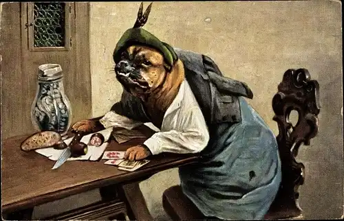 Künstler Ak Vermenschlichter Hund, Zu Tisch, Kartenspiel, Wurst, Brot, Messer