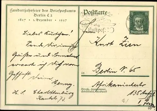 Künstler Ak Berlin Mitte, Berliner Briefträger, Hundertjahrfeier des Briefpostamts, 01.12.1927