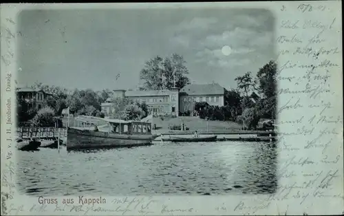 Mondschein Ak Kappeln an der Schlei, Bootsanlegestelle