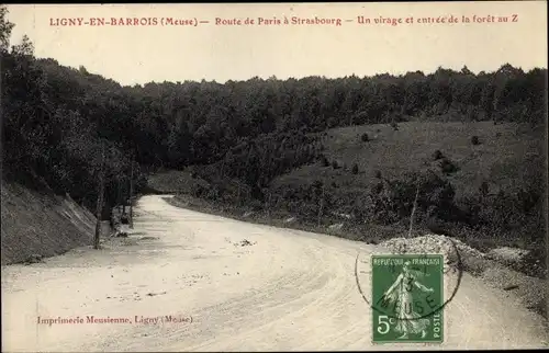 Ak Ligny en Barrois Meuse, Route de Paris a Strasbourg, Un virage et entree de la foret au Z