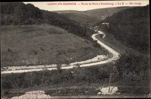 Ak Ligny en Barrois Meuse, Route de Paris a Strasbourg, Le Z, Un virage