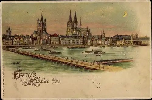 Halt gegen das Licht Litho Köln am Rhein, Schiffbrücke, Dom, Mondschein