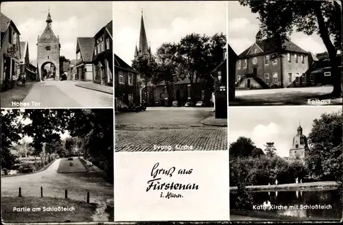 Ak Fürstenau in Niedersachsen, Hohes Tor, Kirche, Rathaus, Schloßteich