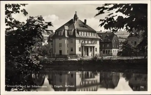 Ak Großolbersdorf Erzgebirgskreis, Rathaus, Gesamtansicht, Flussufer, Panoramaansicht