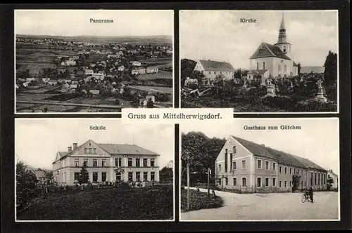 Ak Mittelherwigsdorf Zittauer Becken, Kirche, Gasthaus zum Gütchen, Schule, Panorama