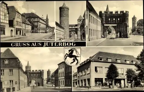 Ak Jüterbog in Brandenburg, Pferdestraße, Zinnaer Tor, Konsum, Dammtor mit Wehrtürmen, Wappen