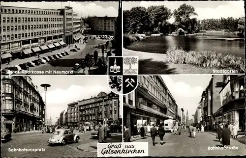 Ak Gelsenkirchen im Ruhrgebiet, Wappen, Stadtgarten, Sparkasse, Bahnhofsvorplatz, Bahnhofstraße