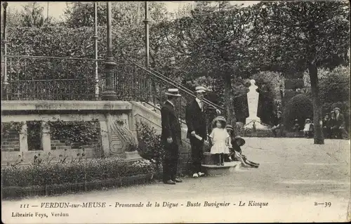 Ak Verdun Meuse, Promenade de la Digue, Buste Bauvignier, Le Kiosque