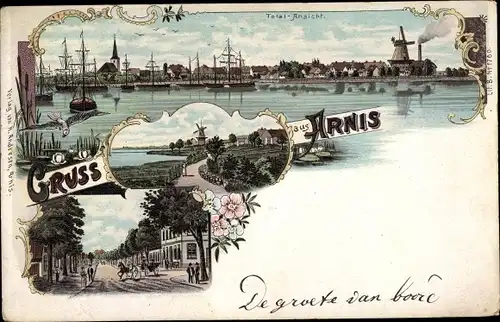 Litho Bad Arnis an der Schlei, Totalansicht, Windmühle, Straßenpartie