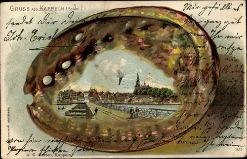 Muschel Litho Kappeln an der Schlei, Ortsansicht, Kirche, Brücke