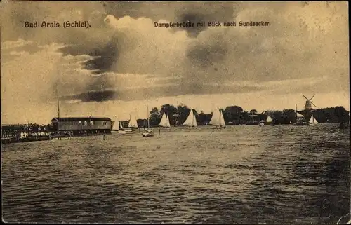 Ak Bad Arnis an der Schlei, Dampferbrücke, Sundsacker, Windmühle