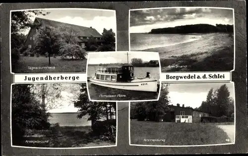 Ak Borgwedel an der Schlei in Schleswig Holstein, Tagesraumhaus, Strand, Anlegebrücke, Motorboot