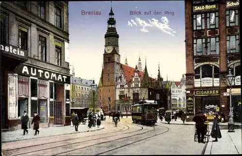 Ak Wrocław Breslau Schlesien, Blick auf den Ring, Straßenbahn, Automatenrestaurant, Salon Roth