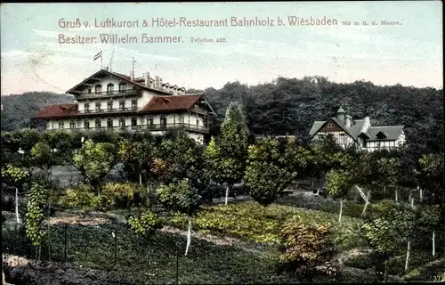 Ak Bahnholz bei Wiesbaden in Hessen, Hotel, Außenansicht, Gärten