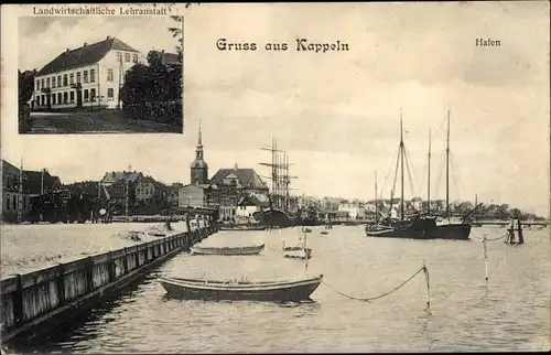 Ak Kappeln an der Schlei, Hafen, Landwirtschaftliche Lehranstalt, Segelschiffe