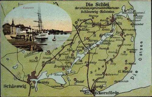 Landkarten Ak Kappeln an der Schlei, Schleswig, Eckernförde, Arnis, Karby, Brodersby