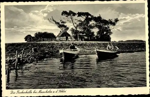 Ak Maasholm in Schleswig Holstein, Fischerhütte an der Schlei, Boote