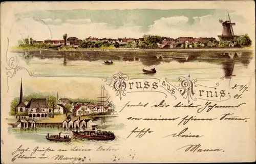 Litho Bad Arnis an der Schlei, Blick auf den Ort, Windmühle