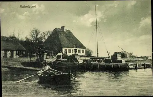 Ak Rabelsund Rabel in Schleswig Holstein, Ruderboot, Häuser mit Reetdächern