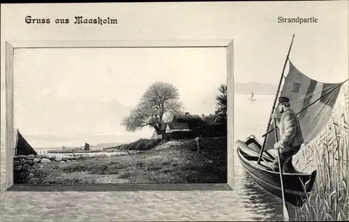 Passepartout Ak Maasholm in Schleswig Holstein, Landschaft, Haus, Segelboot