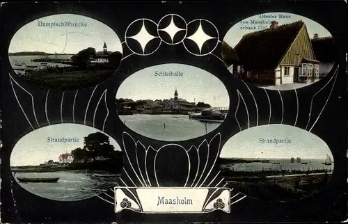 Ak Maasholm in Schleswig Holstein, Schleihalle, altes Haus, Strandpartie, Dampfschiffbrücke
