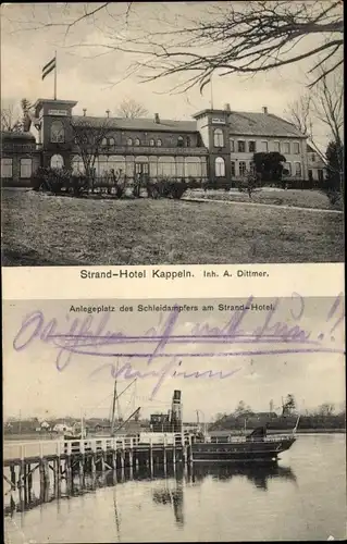 Ak Kappeln an der Schlei, Strandhotel, A. Dittmer, Anlegeplatz des Schleidampfers