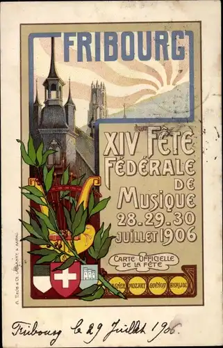 Wappen Litho Fribourg Freiburg Stadt Schweiz, XIV Fete Federale de Musique 1906