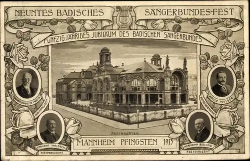 Ganzsachen Ak Mannheim, 9. Badisches Sängerbundesfest 1913, Rosengarten, Waldeck, Wilser, Bieling