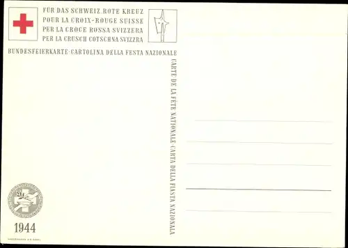 Künstler Ak Schweiz, Bundesfeierkarte 1944, Schlacht bei St. Jakob, Reiter, Rotes Kreuz