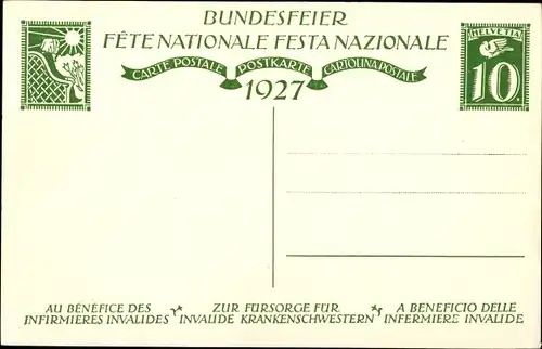 Ganzsachen Künstler Ak Schweiz, Bundesfeier 1927, Fürsorge für Invalide Krankenschwestern