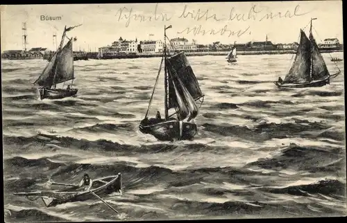 Ak Büsum Kreis Dithmarschen, Blick zur Stadt, Segelboote, Ruderboot