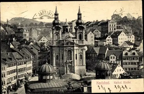 Ak Karlovy Vary Karlsbad Stadt, Katholische Kirche, Stadtansicht