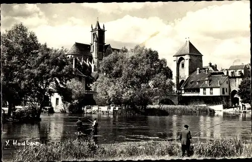 Ak Moret sur Loing Seine et Marne, L'Ouverture de la peche, sur le Loing, L'Eglise