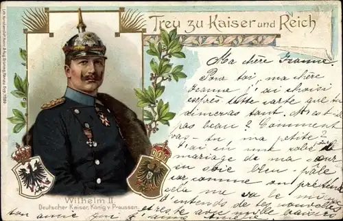 Wappen Ak Portrait Kaiser Wilhelm II., Treu zu Kaiser und Reich, Jugendstil