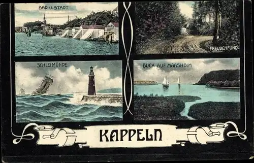 Jugendstil Ak Kappeln an der Schlei, Badeanstalt, Freudenfund, Schleimünde, Maasholm