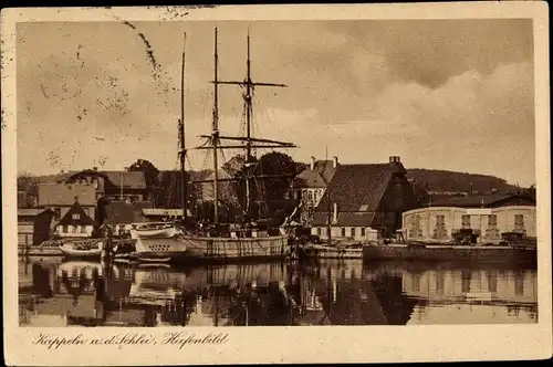 Ak Kappeln an der Schlei, Hafenansicht, Segelschiff