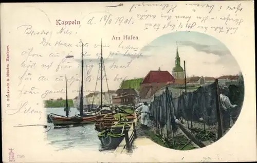 Ak Kappeln an der Schlei, Bootsanlegestelle, Fischerboote, Fischernetze, Hafen