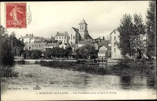 Ak Montigny sur Loing Seine et Marne, Vue d'ensemble prise au bord du Loing