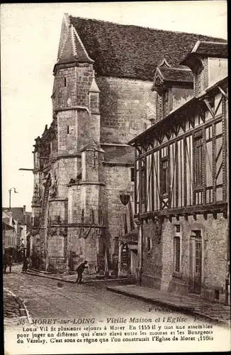 Ak Moret-sur-Loing Seine et Marne, Vieille Maison et l'Eglise