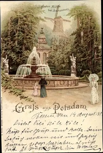 Litho Potsdam in Brandenburg, Historische Mühle bei Sanssouci, Springbrunnen